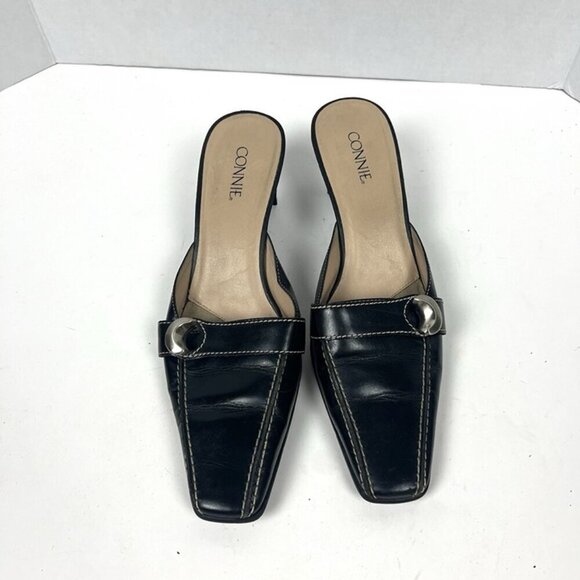 Vintage Y2K Connie Black Leather Sqaure Toe Mule Sz. 10 Slide Heel Minimalist - Picture 2 of 8